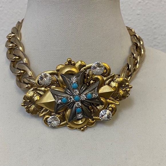 Graziano Gold and Silver Statement Necklace with Turquoise Accents